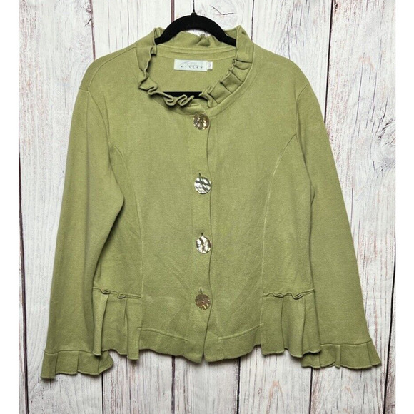 Willow Women’s Vintage Sweater Ruffle Trims Pearlescent Buttons Green Size: L - Picture 1 of 7